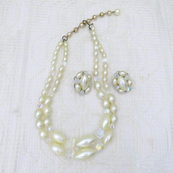 Vtg Faux Pearl & Crystal Necklace, Earrings, Double Strand Adjustable Glamorous - Picture 1 of 7
